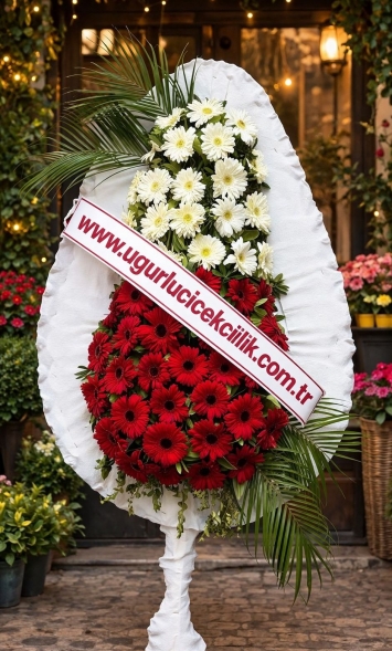 Kırmızı & Beyaz Gelbera & Fenixli Çelenk